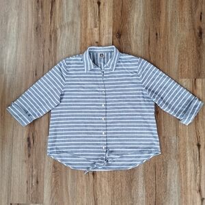 Anne Klein XL Blue White Stripe Cotton Shirt Roll Tab Sleeve Coastal Preppy